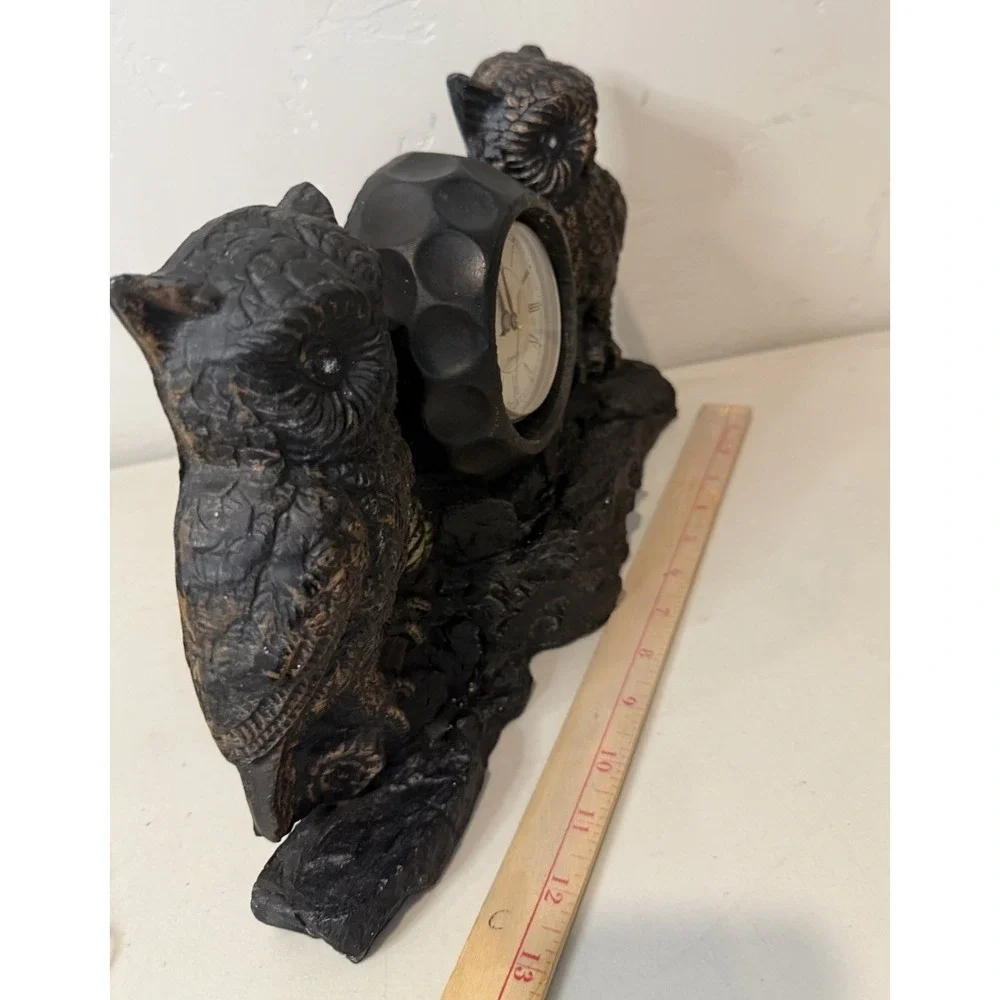 Vintage Double Owl Mantel Clock Retro‎ Faux Stone Quartz Desk Shelf Decor 1980s
